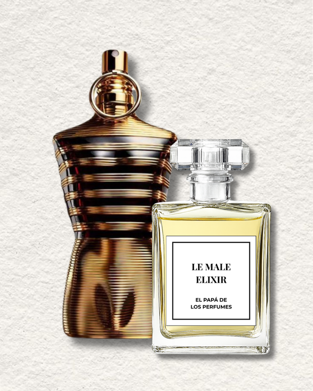 Dos frascos de perfume sobre un fondo claro texturizado: uno dorado en forma de torso con rayas negras, y un frasco rectangular transparente etiquetado Le Male Elixir - Jean Paul Gaultier, que destaca una refinada fragancia masculina.
