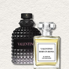 Dos frascos de perfume descansan sobre un fondo blanco roto texturizado: un elegante frasco negro con tachuelas que irradia elegancia italiana, y un frasco transparente con la etiqueta Valentino Born in Roma, que muestra una atrevida fragancia masculina.