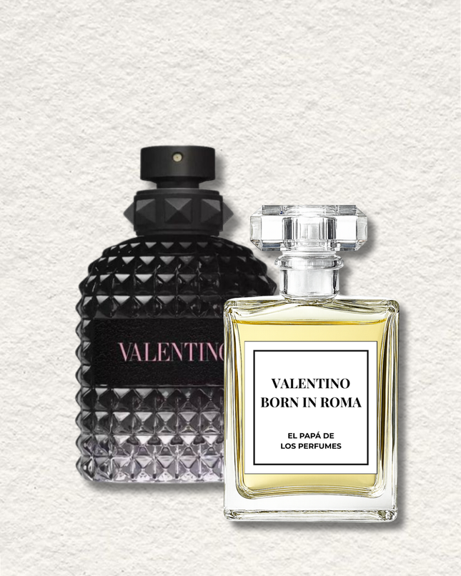 Dos frascos de perfume descansan sobre un fondo blanco roto texturizado: un elegante frasco negro con tachuelas que irradia elegancia italiana, y un frasco transparente con la etiqueta Valentino Born in Roma, que muestra una atrevida fragancia masculina.